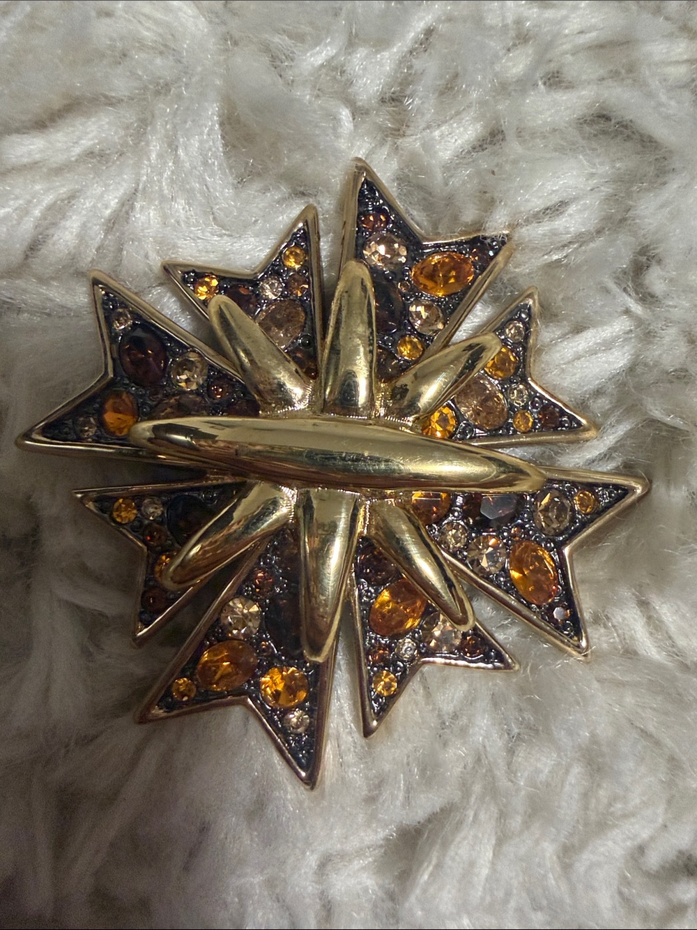 Kenneth Jay Lane Gold-tone Starburst Brooch with Amber and Smoky Rhinestones